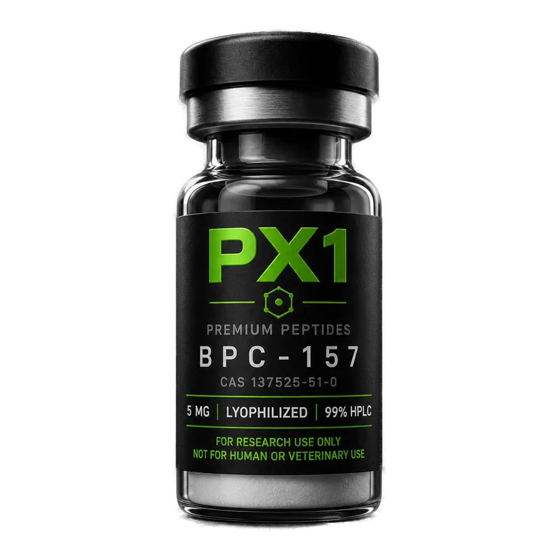 PX1 Labs BPC-157 research peptide vial with Certificate of Analysis